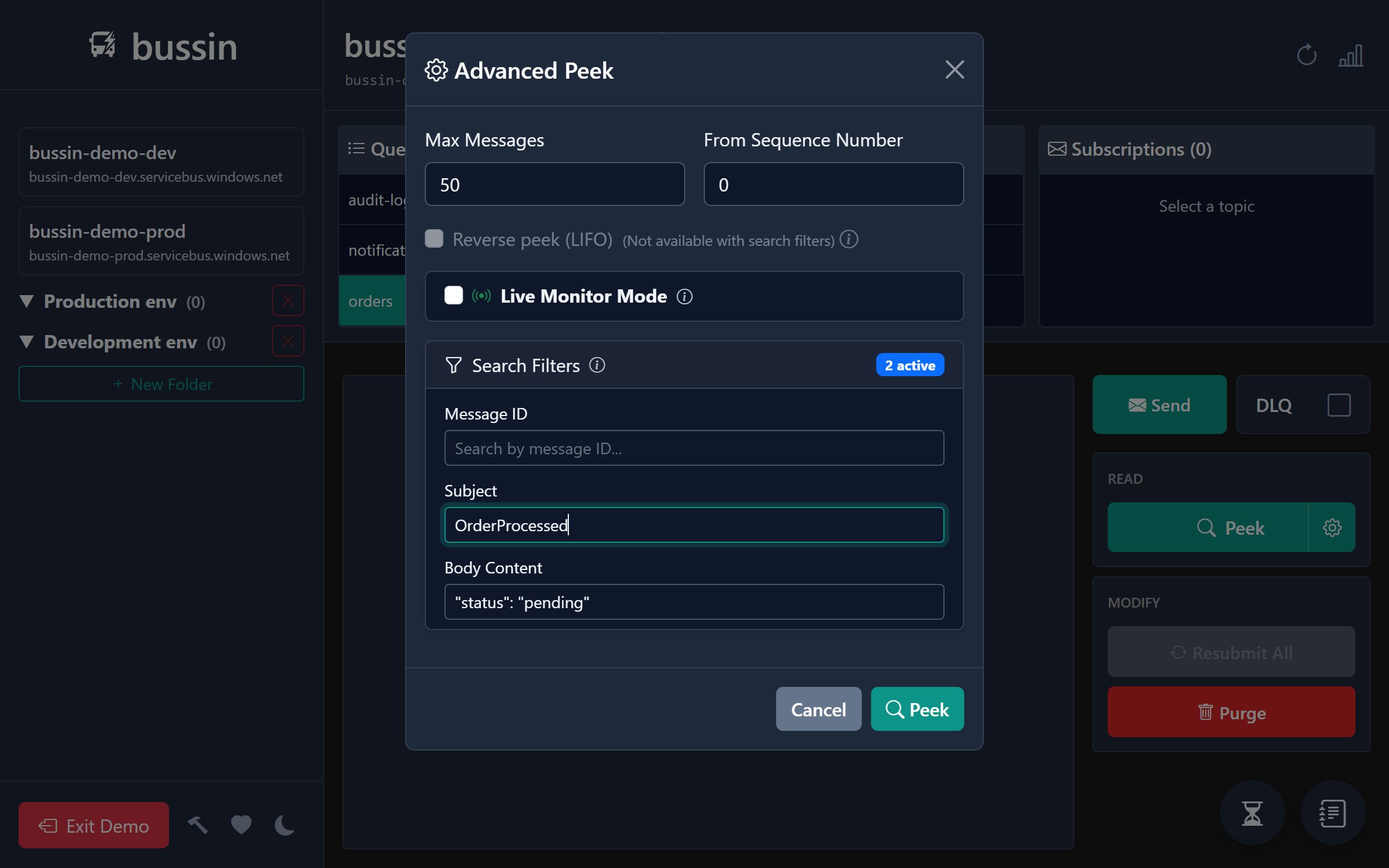 Bussin search drawer demonstrating advanced filter criteria including system property filters, custom user property matches, and message body regex matching