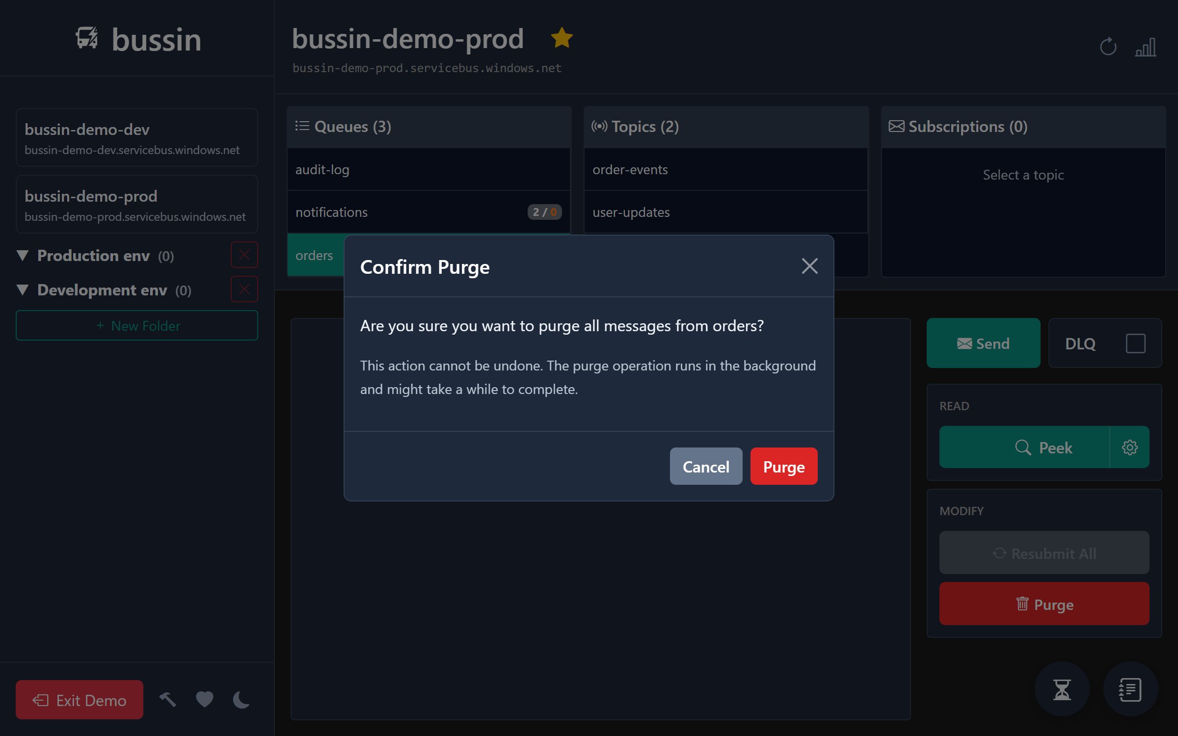 Modal window confirming safe bulk purge parameters in Bussin