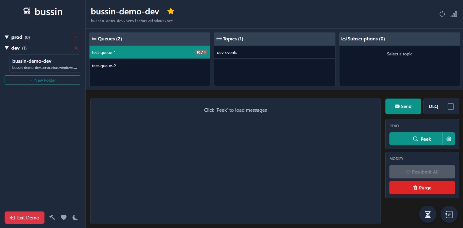 Bussin dark mode interface showing namespace folders, queues, topics, and action buttons