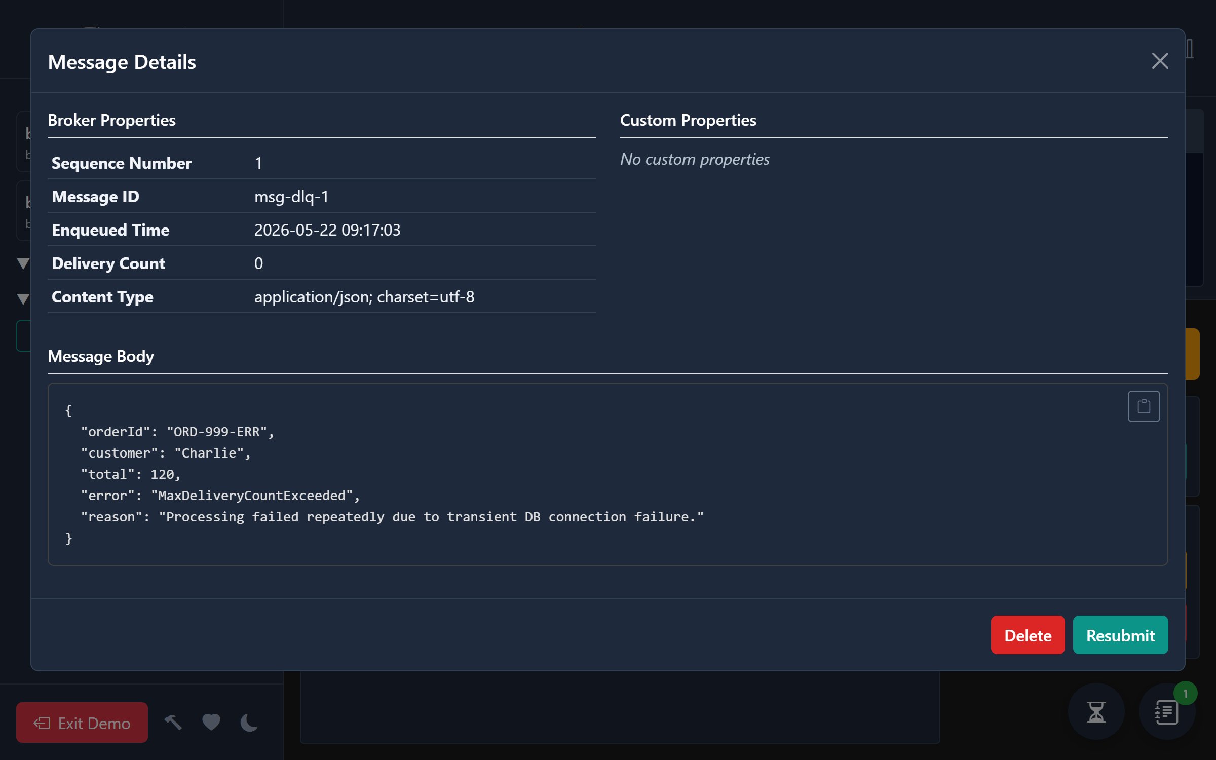 Screenshot showing dead-letter queue message inspection details and resubmit operations
