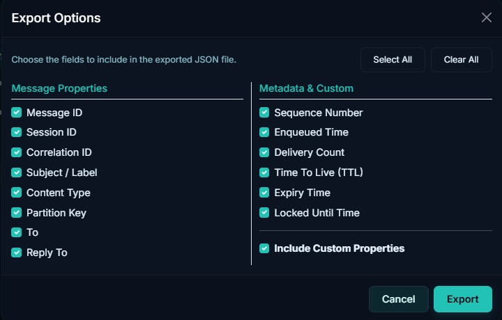 Screenshot of the Export Options dialog in Bussin showing checkbox fields selection