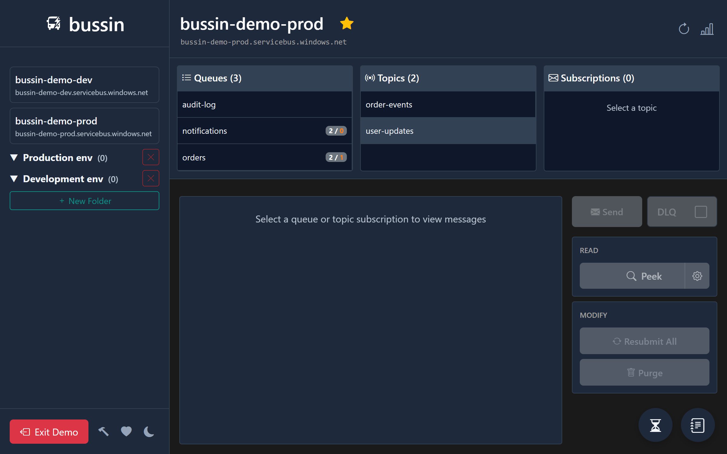 Bussin web dashboard showcasing multi-tenant namespace folders, active entity filters, and message detail blade